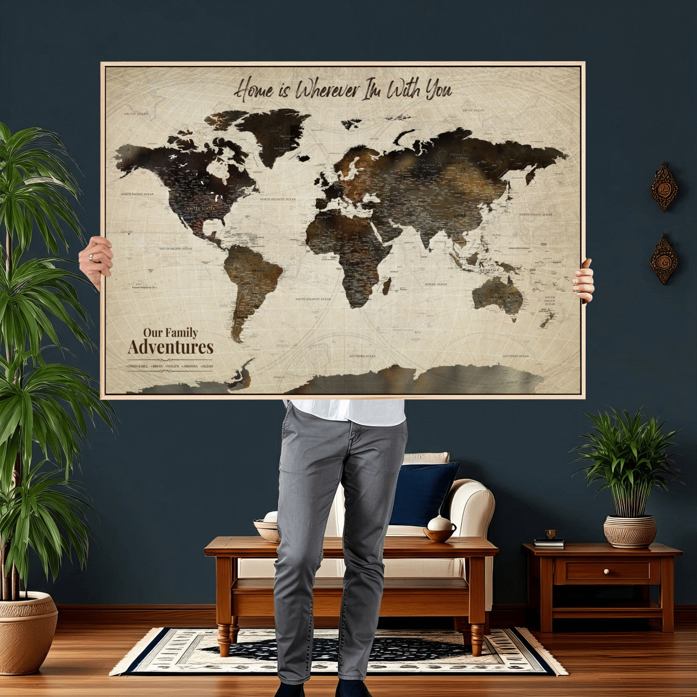 44658041-MGV-FC-36X24 - Customized Push Pin World Map Wall Art Canvas Print with Pins, Framed Personalize Travel Tracker Map, World Map for Living Room and Office Decor