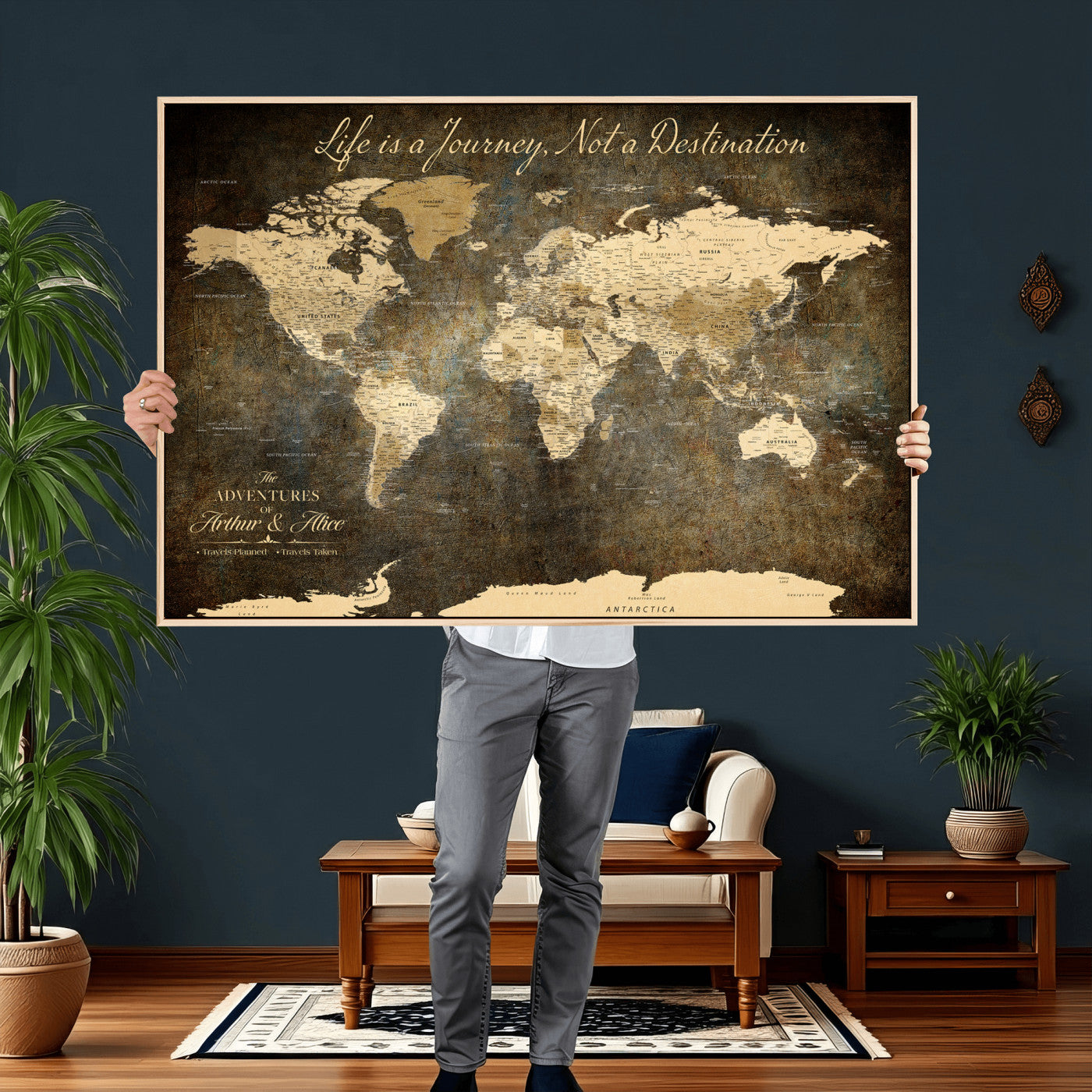 75877068-MGV-CV-36X24 - Custom Push Pin World Map Wall Art Canvas Print – Personalized Travel Tracker with Pins Framed Large for Home and Office Decor