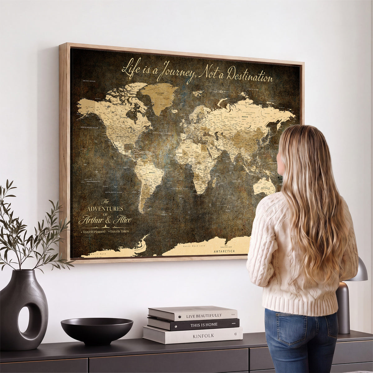 75877068-MGV-CV-36X24 - Custom Push Pin Travel Map Canvas Print, Couples Countries Visited Map, Bedroom and Study Decor