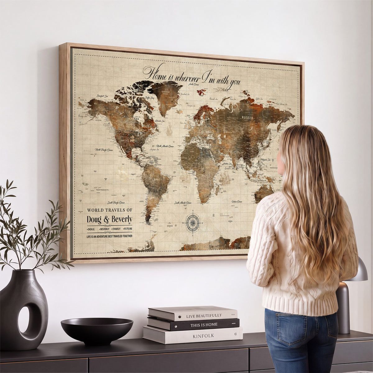 94399474-MGV-CV-36X24 - Large Custom Framed Beige Vintage World Travel Map Wall Art with Pins, Couples Countries Visited Map, Living Room and Hallway Decor