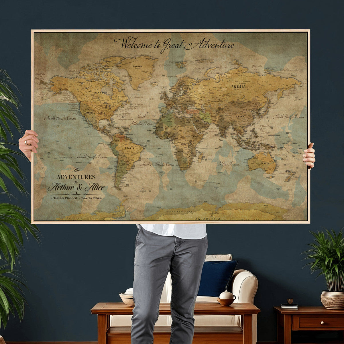 37903085-MGV-CV-36X24 - Custom Push Pin World Map Wall Art Canvas Print – Personalized Travel Tracker with Pins Framed Large for Home and Office Decor