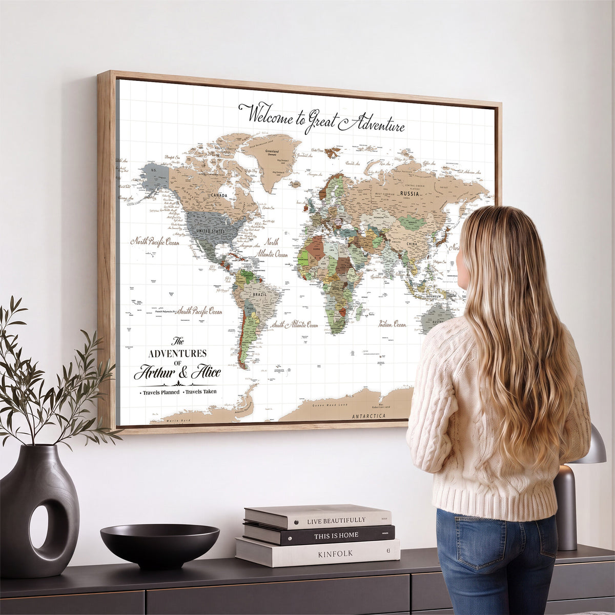 85396539-MGV-CV-36X24 - Custom Beige Push Pin World Map Wall Art, Bucket List Map, Study and Hallway Decor