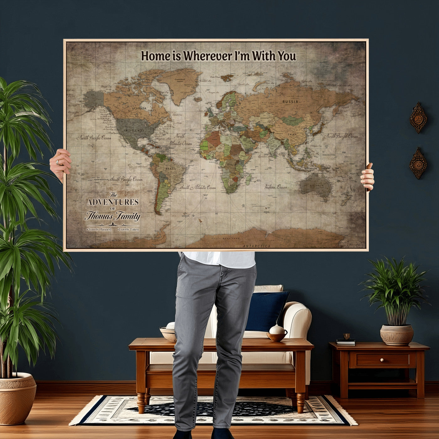 22593671-MGV-CV-36X24 - Custom Push Pin World Map Wall Art Canvas Print – Personalized Travel Tracker with Pins Framed Large for Home and Office Decor