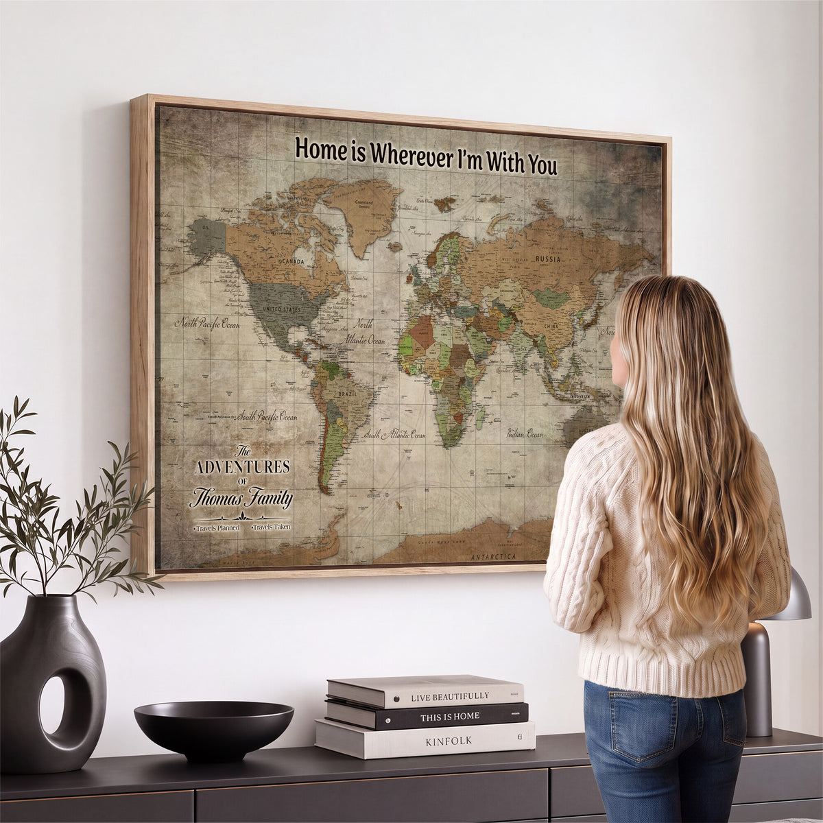 22593671-MGV-CV-36X24 - Personalized Beige Geometric World Map Canvas with Push Pins, Next Trip Planner Map, Study and Entryway Decor