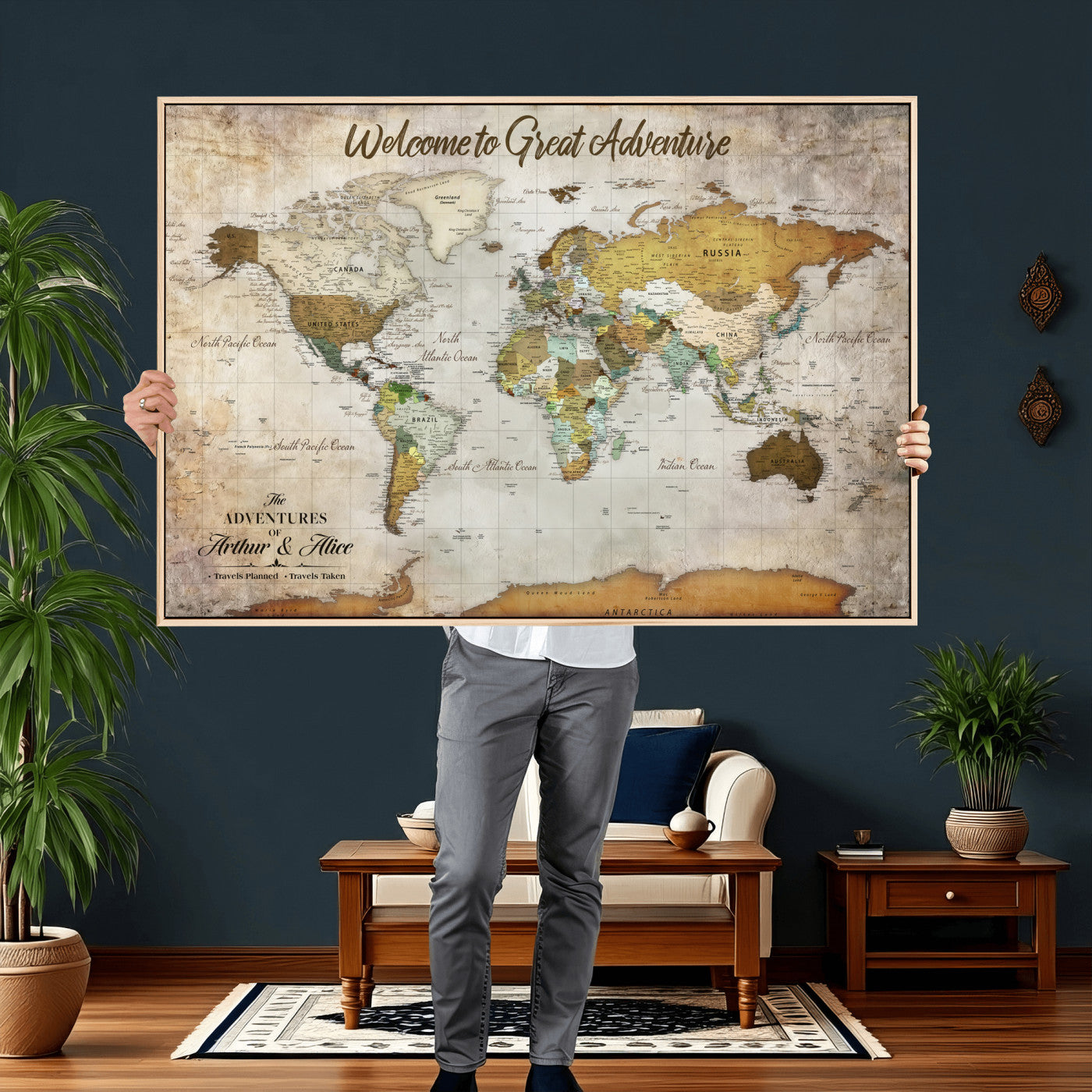 33043195-MGV-CV-36X24 - Custom Push Pin World Map Wall Art Canvas Print – Personalized Travel Tracker with Pins Framed Large for Home and Office Decor