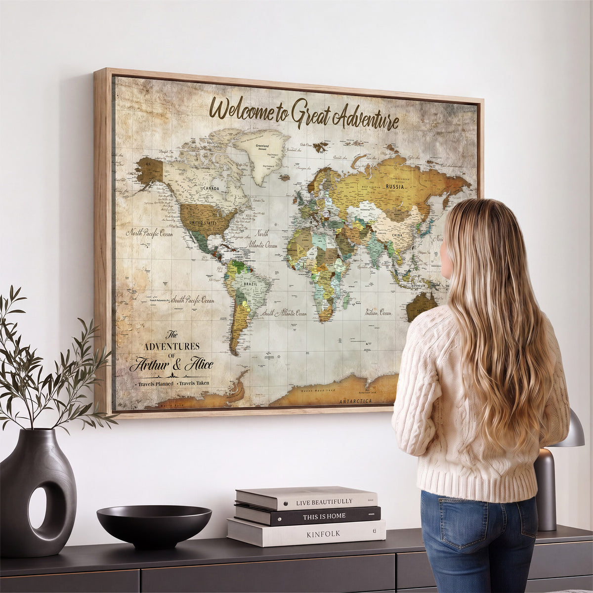 33043195-MGV-CV-36X24 - Personalized Beige World Travel Map Wall Art with Pins, Family Travel Tracker, Family Room and Study Decor