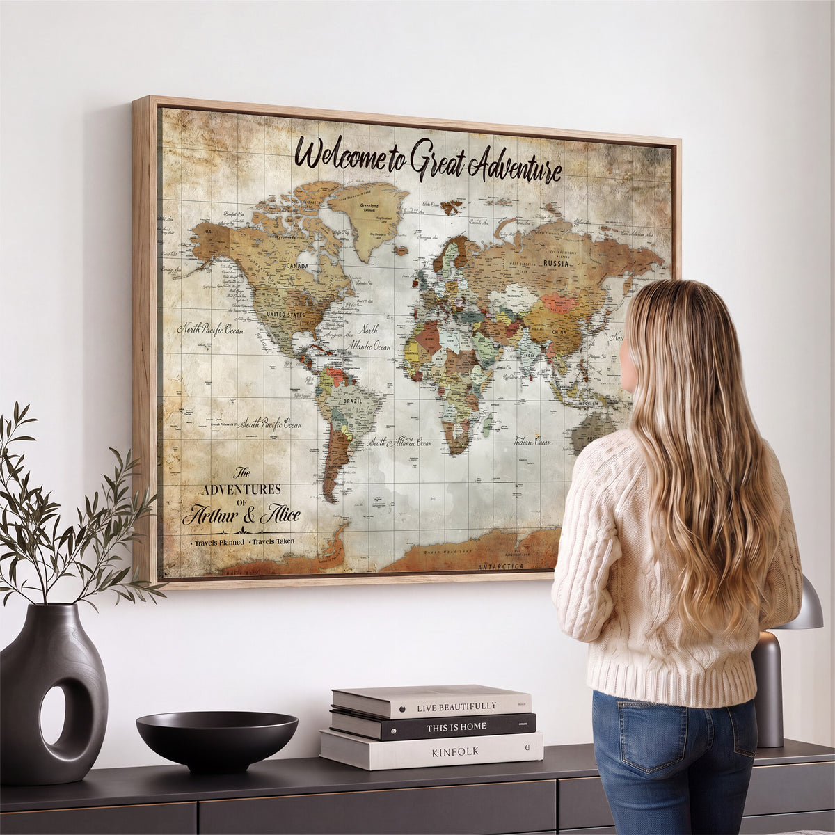 22906161-MGV-CV-36X24 - Personalized Beige Push Pin World Map Wall Art, Bucket List Map, Living Room and Family Room Decor