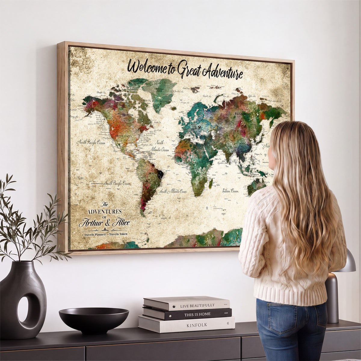 89225601-MGV-CV-36X24 - Personalized Beige Grunge World Map Canvas with Push Pins, Next Trip Planner Map, Family Room and Home Office Decor
