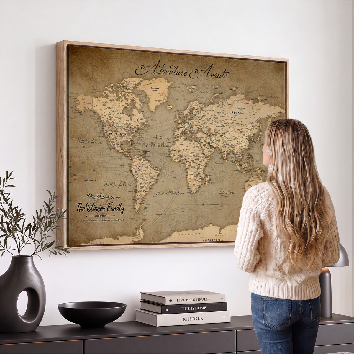 59418012-MGV-CV-36X24 - Personalized Framed Beige World Travel Map Wall Art with Pins, Family Travel Tracker, Family Room and Entryway Decor