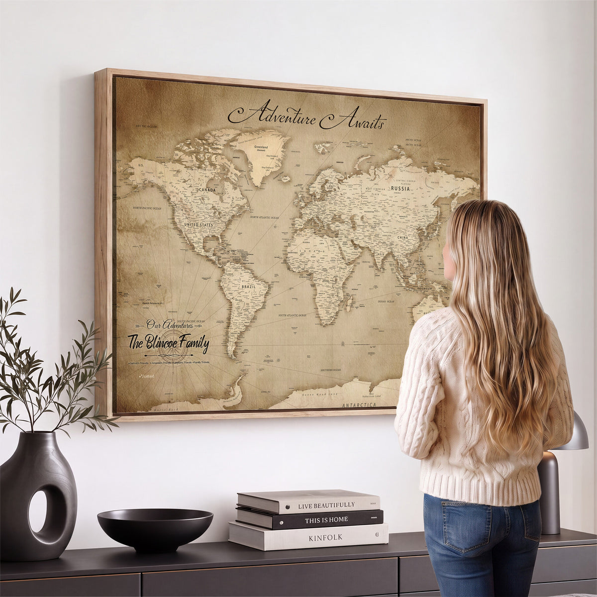 59757370-MGV-CV-36X24 - Personalized Black Modern Push Pin World Map Wall Art, Places Visited Tracker, Family Room and Bedroom Decor