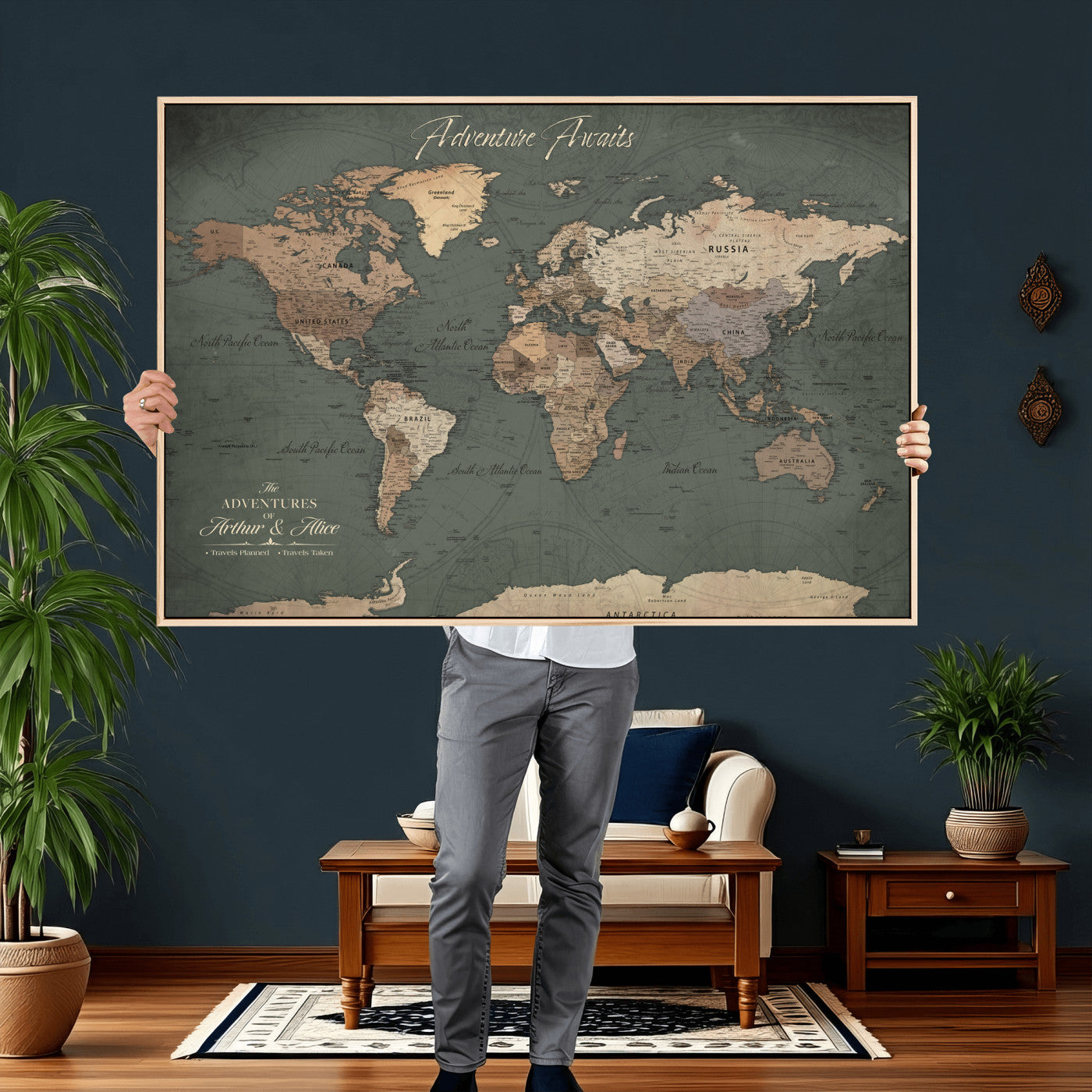 24734446-MGV-CV-36X24 - Custom Push Pin World Map Wall Art Canvas Print – Personalized Travel Tracker with Pins Framed Large for Home and Office Decor
