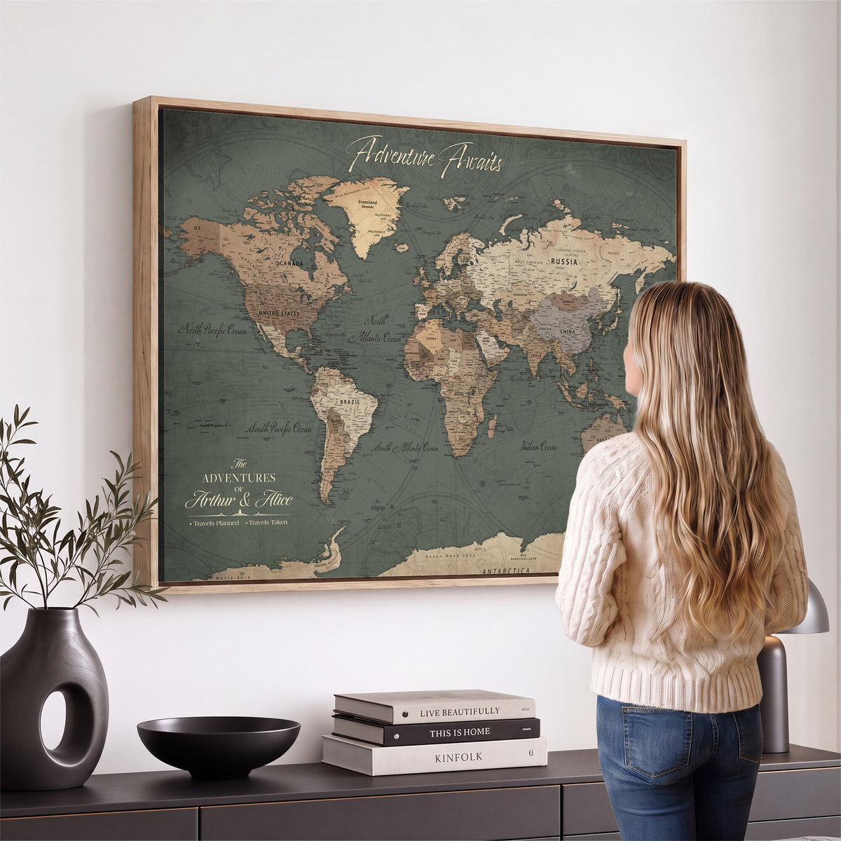 24734446-MGV-CV-36X24 - Personalized Framed Beige Modern World Map Canvas with Push Pins, Bucket List Map, Family Room and Dining Room Decor