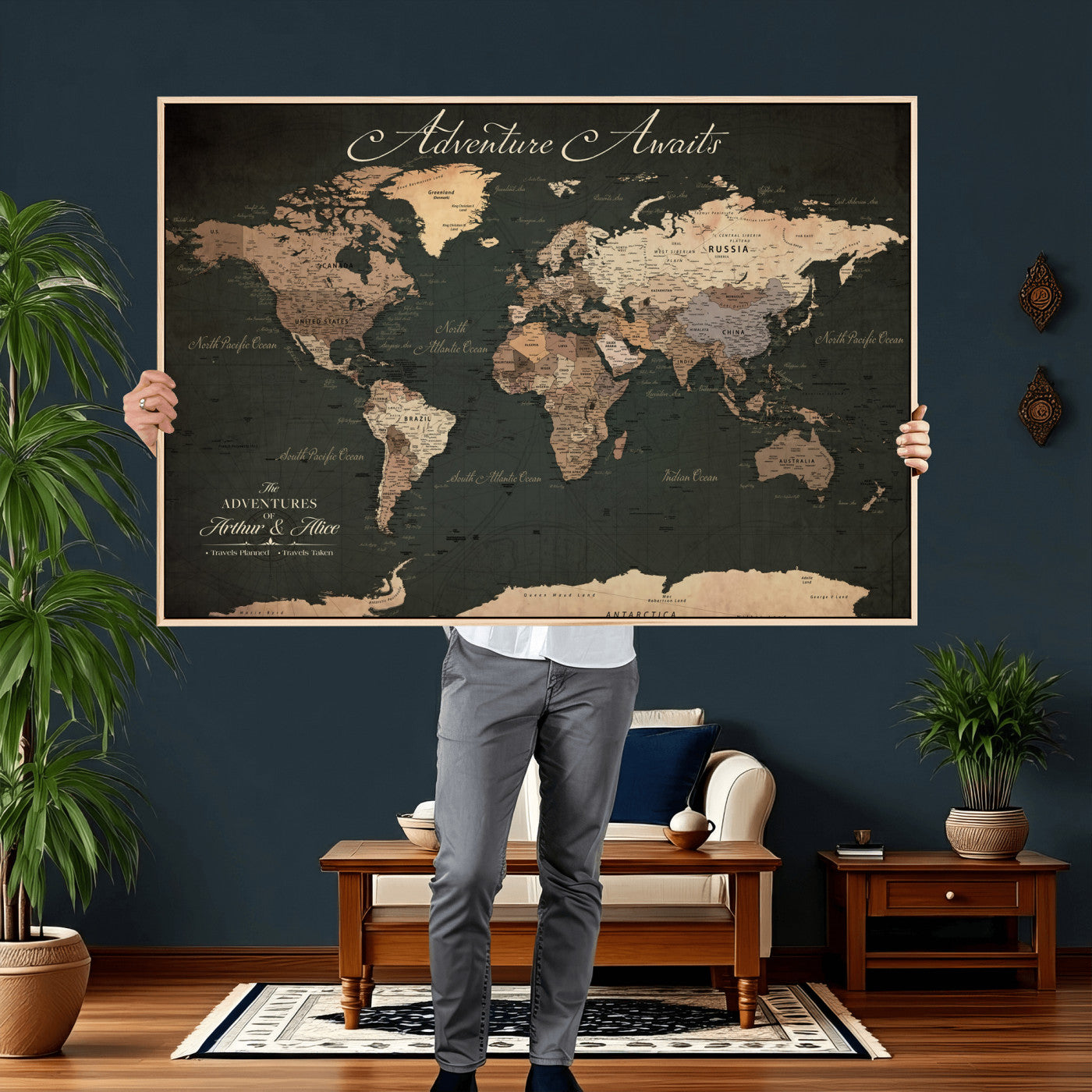 74987709-MGV-CV-36X24 - Custom Push Pin World Map Wall Art Canvas Print – Personalized Travel Tracker with Pins Framed Large for Home and Office Decor