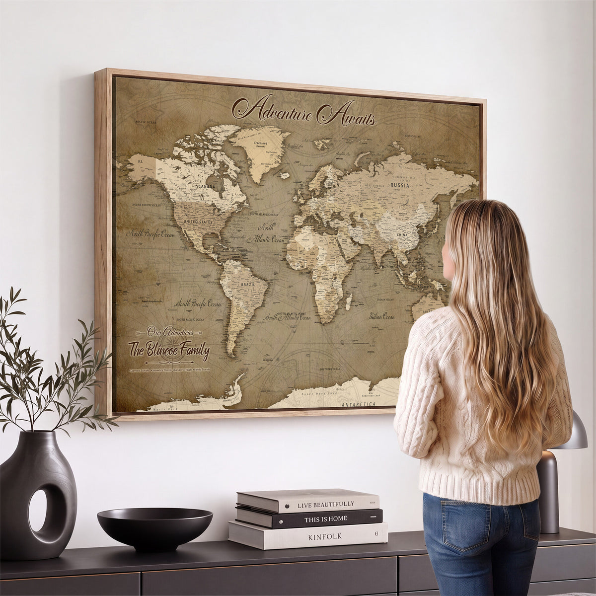 96775856-MGV-CV-36X24 - Custom Beige Modern Push Pin World Map Canvas Print, Family Travel Tracker, Dining Room and Home Office Decor