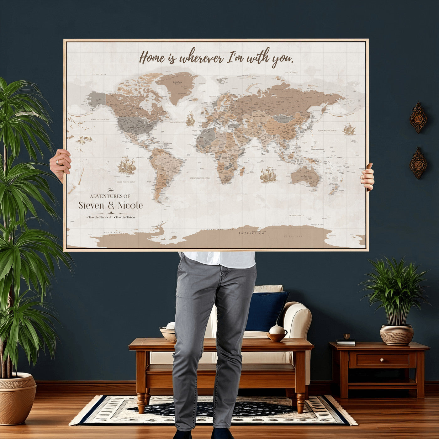 25831578-MGV-CV-36X24 - Custom Push Pin World Map Wall Art Canvas Print – Personalized Travel Tracker with Pins Framed Large for Home and Office Decor