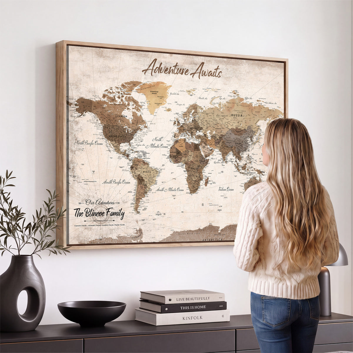 70887266-MGV-CV-36X24 - Custom Push Pin World Map Wall Art Canvas Print | Personalized Travel Tracker