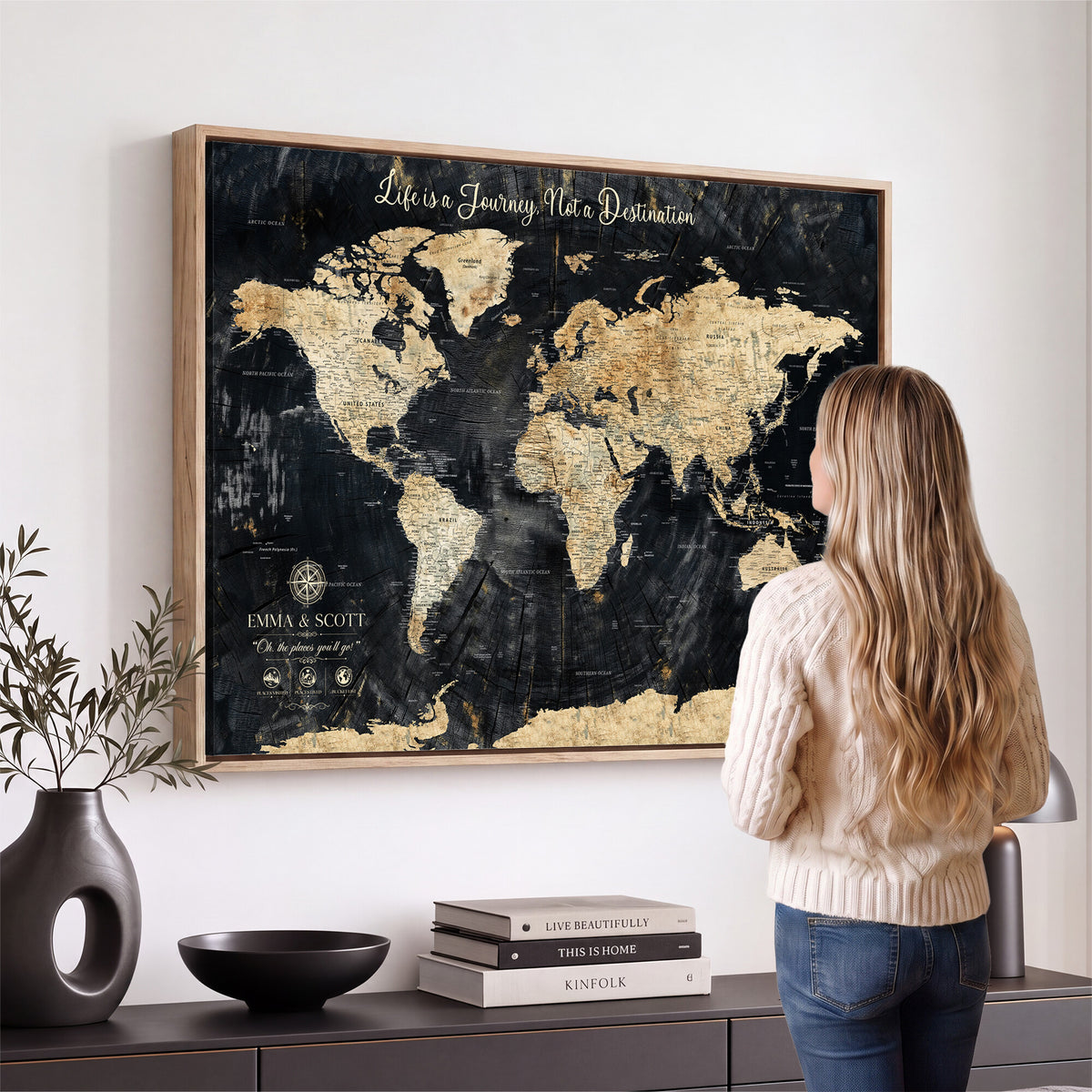 NEWMAP-13-MGV-CV-36X24 - Personalized Framed Navy Modern Push Pin World Map Canvas Print, Couples Countries Visited Map, Family Room and Study Decor
