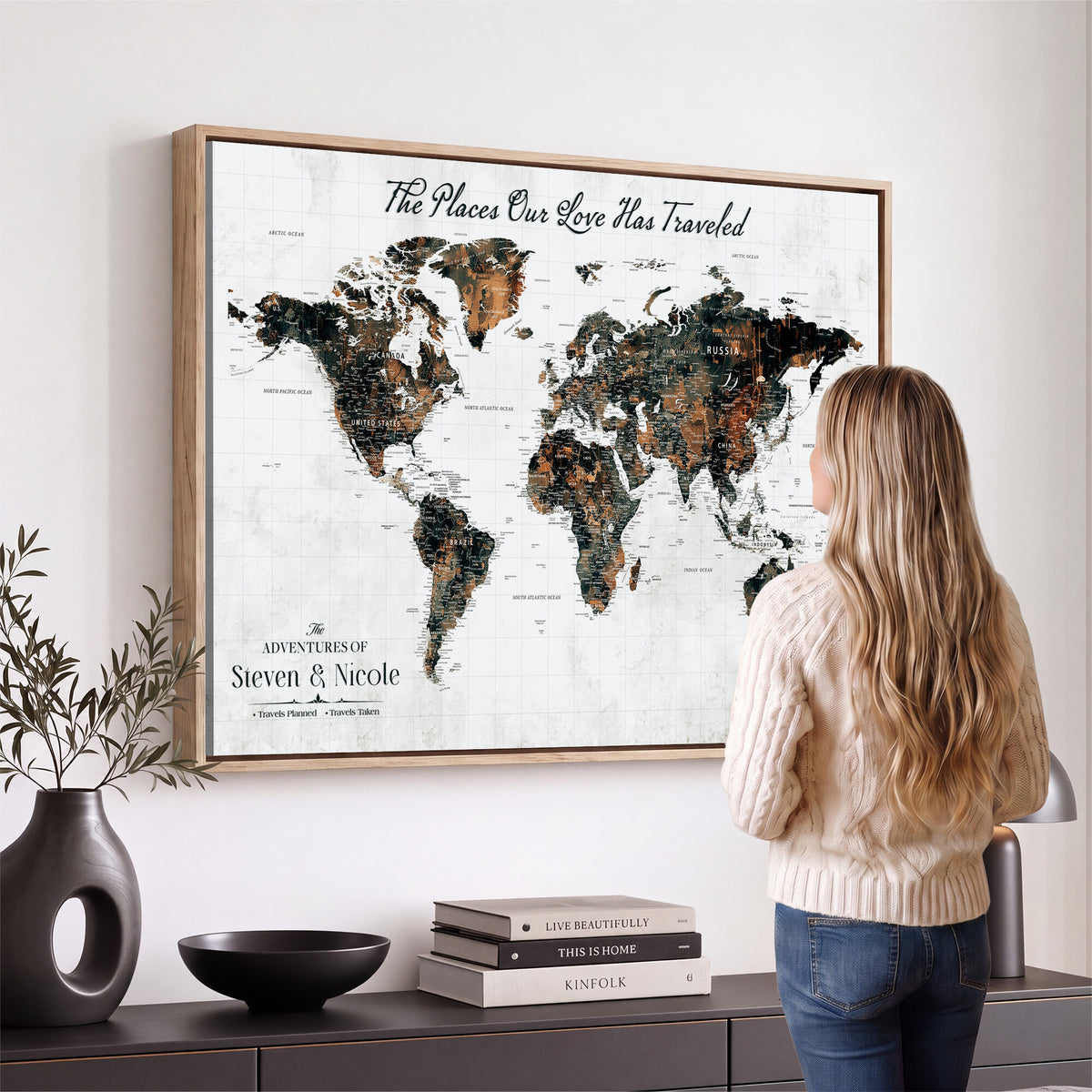 29090064-MGV-CV-36X24 - Personalized Beige Push Pin World Map Canvas Print, Honeymoon and Anniversary Gift, Living Room and Dining Room Decor