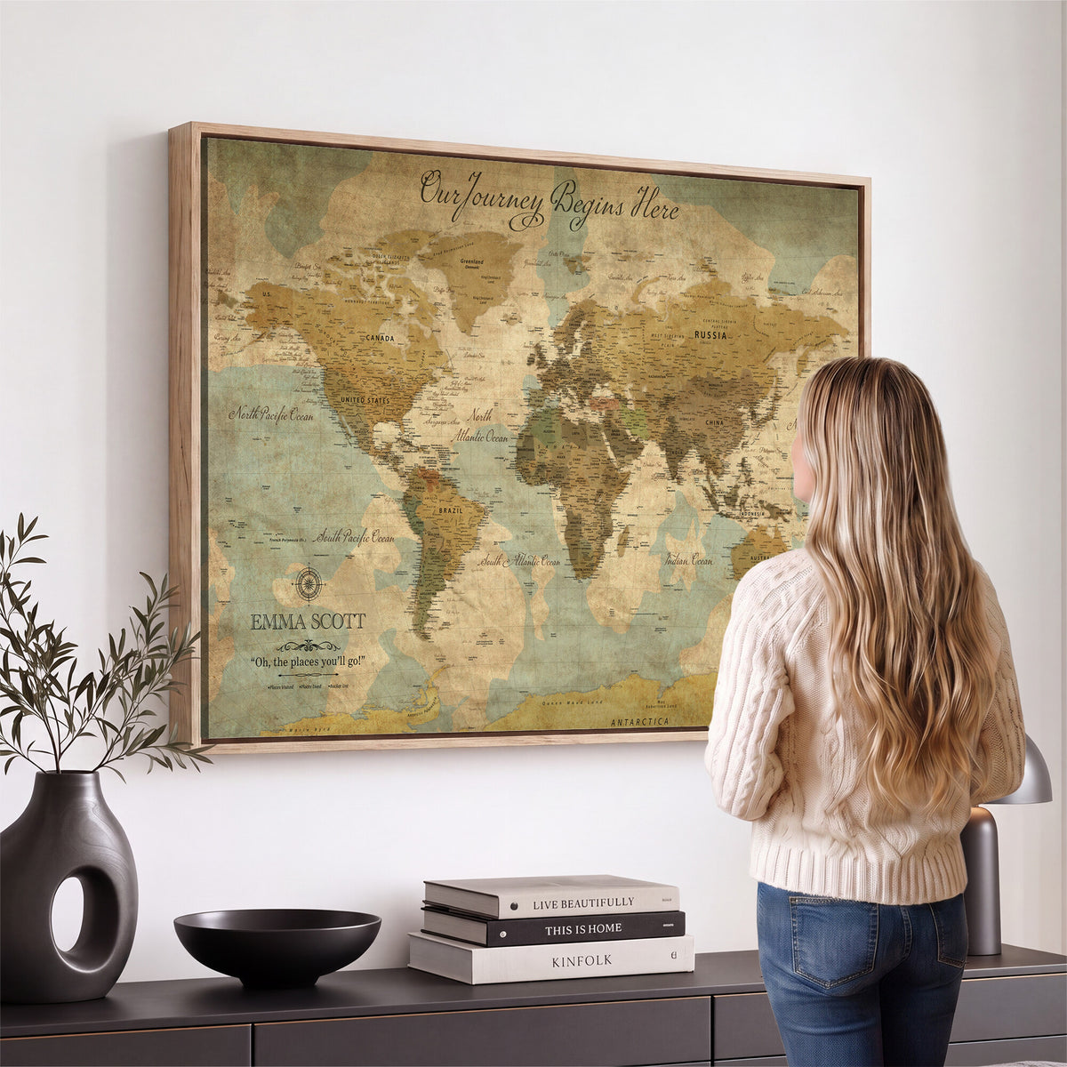 66550749-MGV-CV-36X24 - Custom Push Pin World Map Wall Art Canvas Print | Personalized Travel Tracker with Pins Framed Large for Home and Office Decor