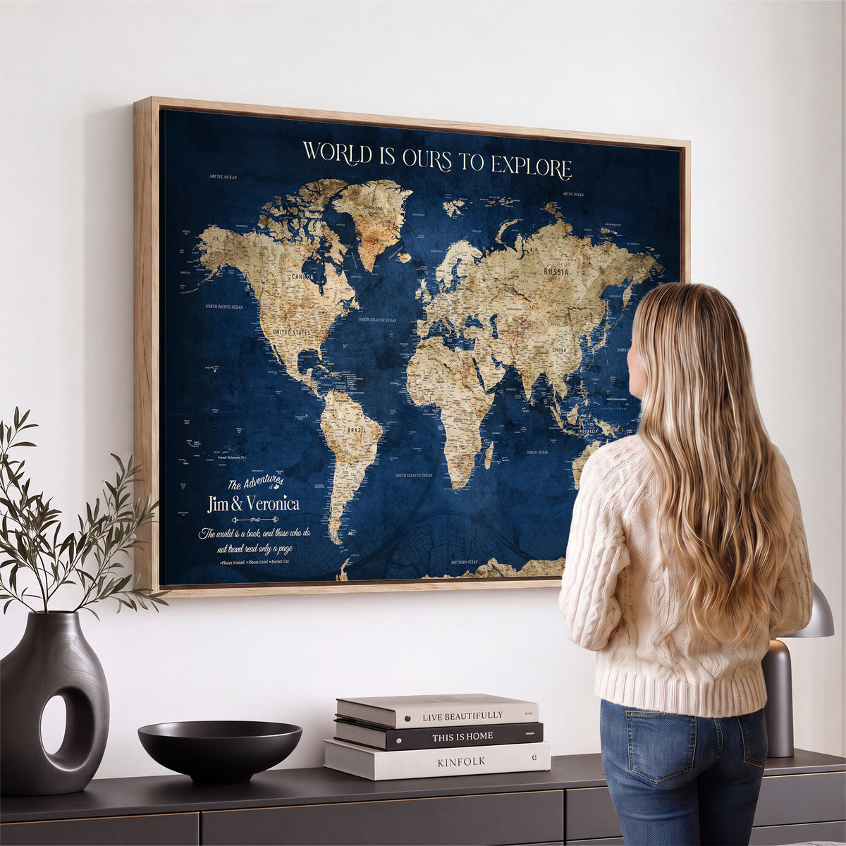 35296308-MGV-CV-36X24 - Custom Push Pin World Map Wall Art Canvas Print – Personalized Travel Tracker with Pins Framed Large for Home and Office Decor