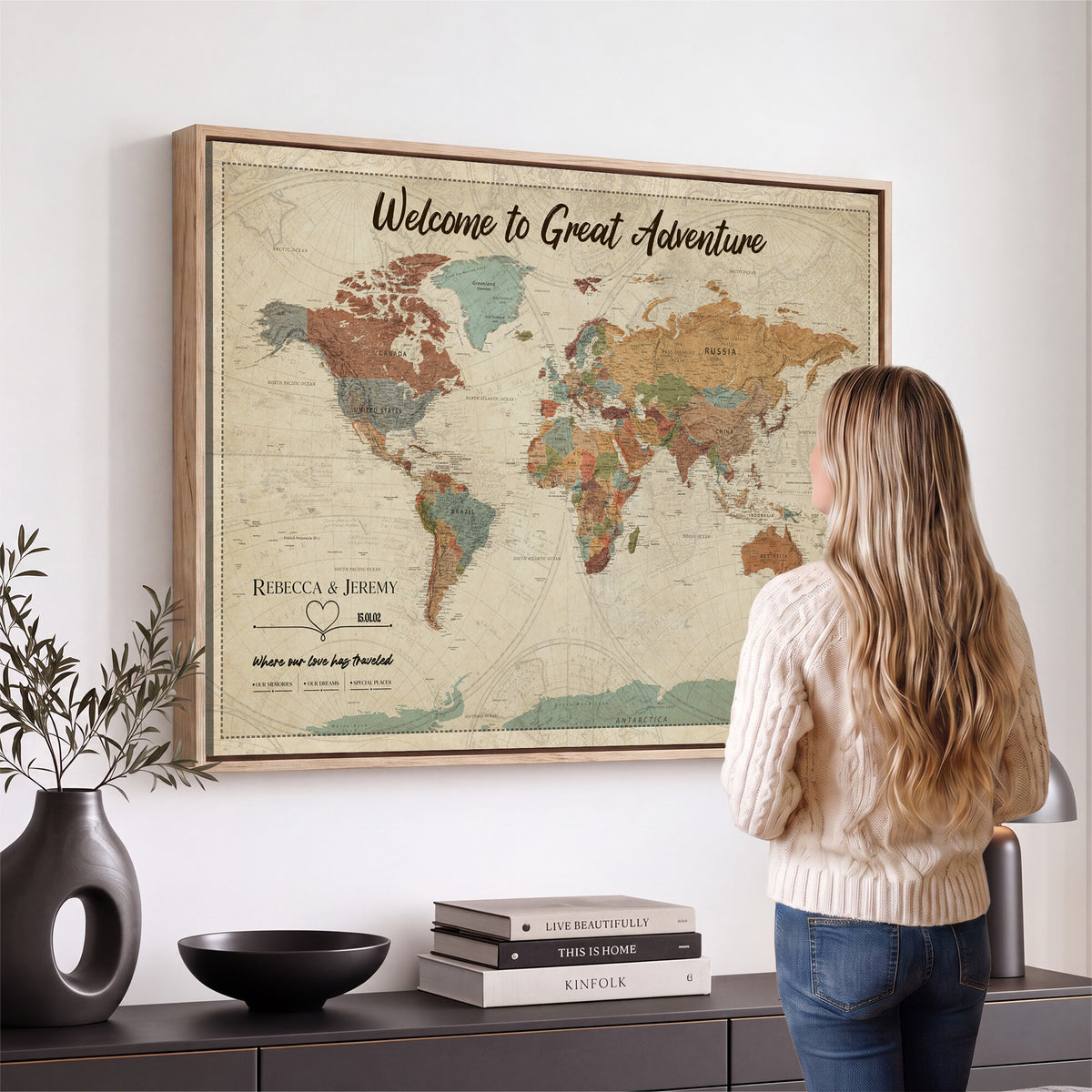 44361524-MGV-CV-36X24 - Custom Push Pin World Map Wall Art Canvas Print | Personalized Travel Tracker with Pins Framed Large for Home and Office Decor