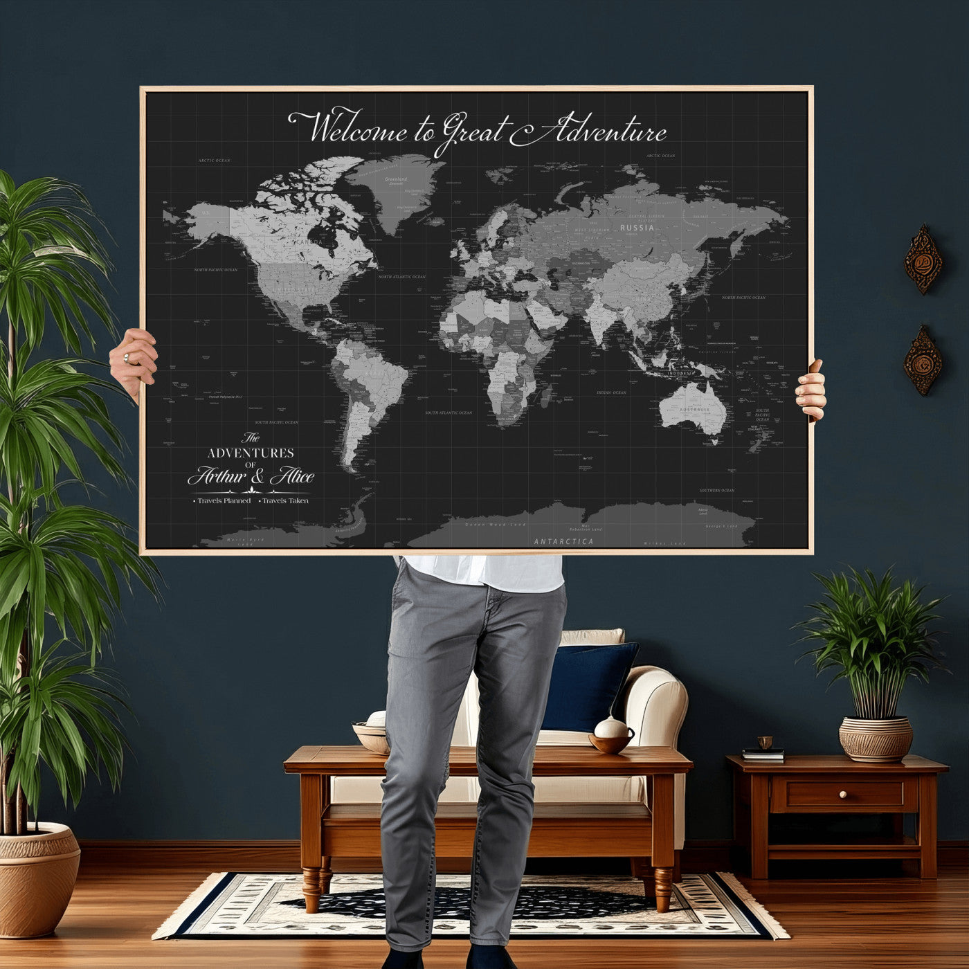 57127599-MGV-CV-36X24 - Custom Push Pin World Map Wall Art Canvas Print – Personalized Travel Tracker with Pins Framed Large for Home and Office Decor