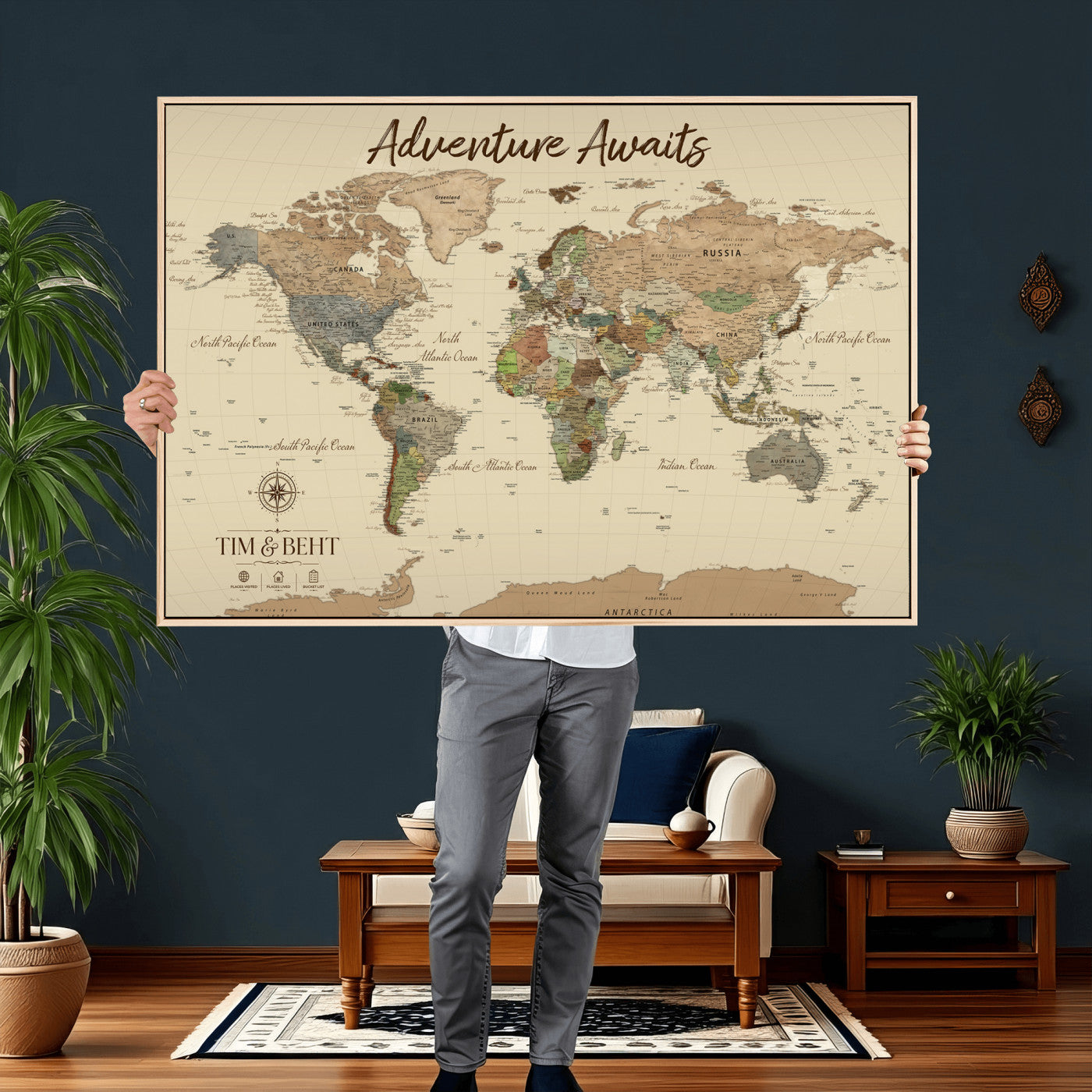 72027187-MGV-CV-36X24 - Custom Push Pin World Map Wall Art Canvas Print – Personalized Travel Tracker with Pins Framed Large for Home and Office Decor