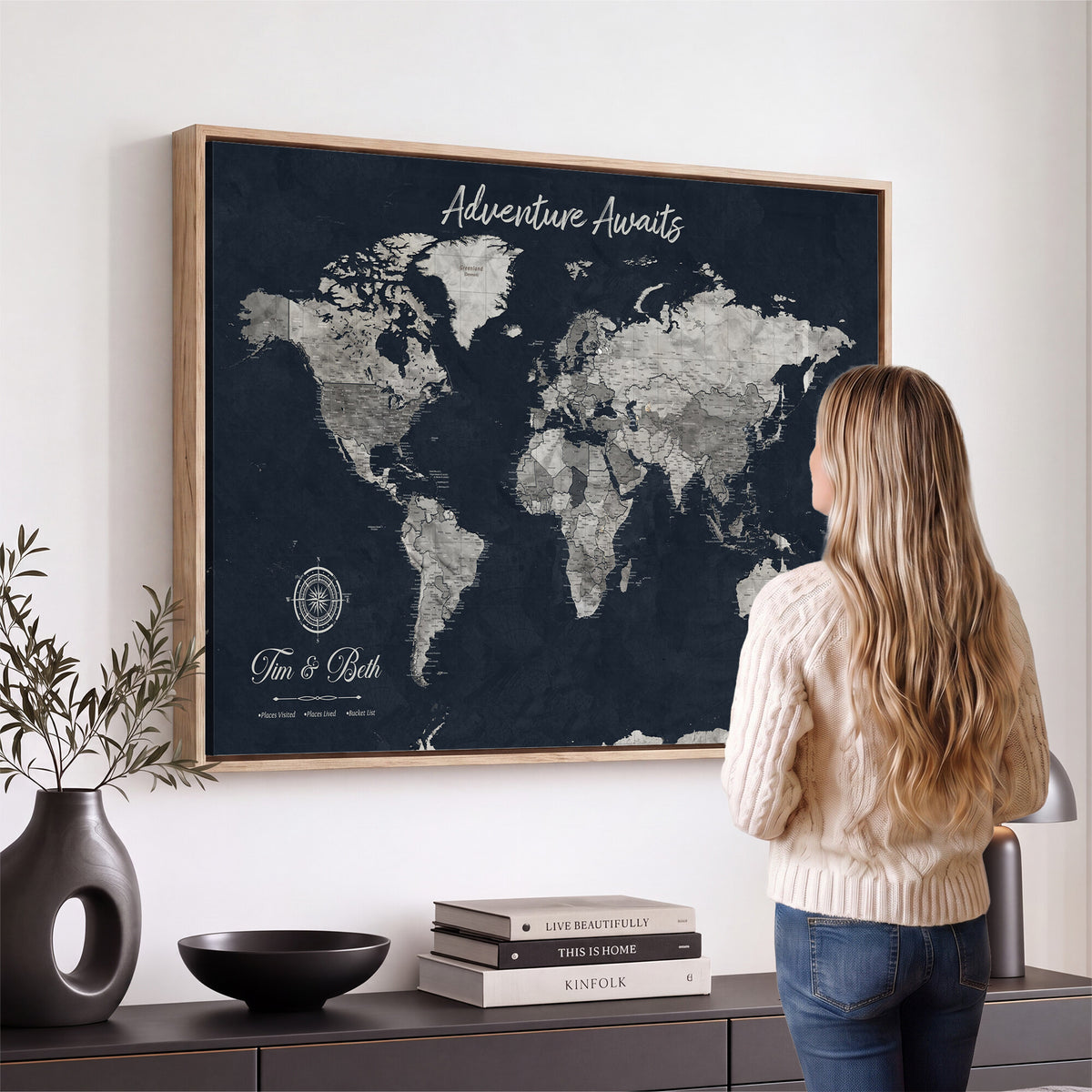 32031089-MGV-CV-36X24 - Custom Push Pin World Map Wall Art Canvas Print | Personalized Travel Tracker with Pins Framed Large for Home and Office Decor