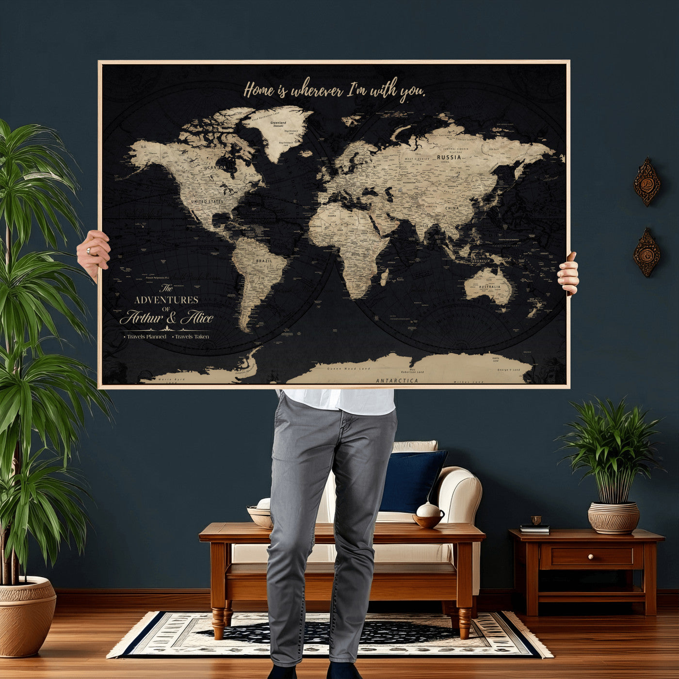 31416046-MGV-CV-36X24 - Custom Push Pin World Map Wall Art Canvas Print – Personalized Travel Tracker with Pins Framed Large for Home and Office Decor