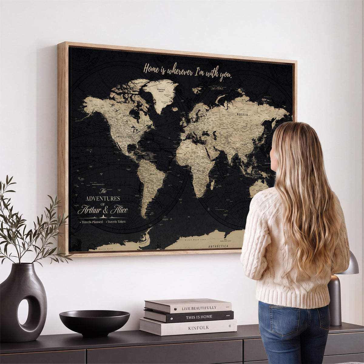 31416046-MGV-CV-36X24 - Custom Framed Beige Vintage Push Pin Travel Map Canvas Print, Honeymoon and Anniversary Gift, Study and Hallway Decor