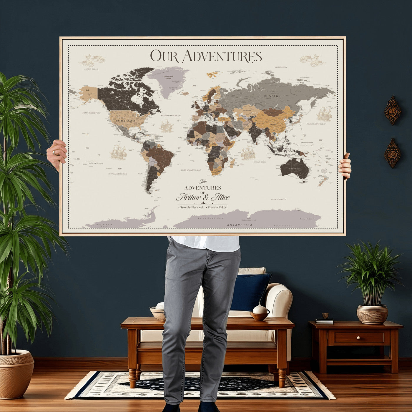 66301646-MGV-CV-36X24 - Custom Push Pin World Map Wall Art Canvas Print – Personalized Travel Tracker with Pins Framed Large for Home and Office Decor
