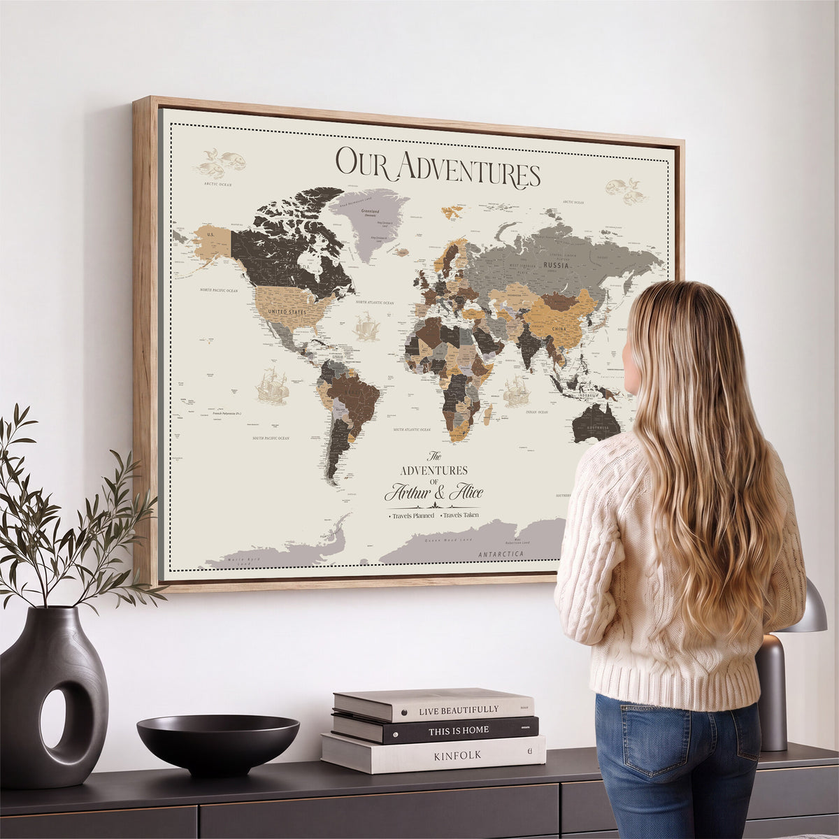 66301646-MGV-CV-36X24 - Custom Push Pin World Map Wall Art Canvas Print | Personalized Travel Tracker with Pins Framed Large for Home and Office Decor