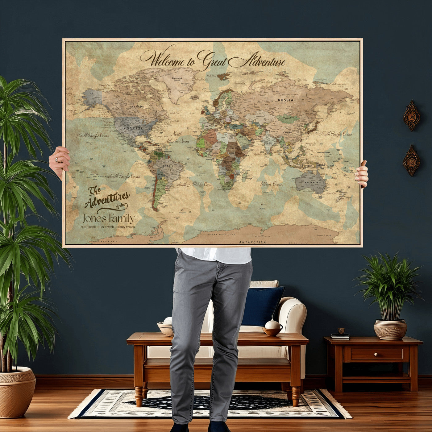 38092909-MGV-CV-36X24 - Custom Push Pin World Map Wall Art Canvas Print – Personalized Travel Tracker with Pins Framed Large for Home and Office Decor