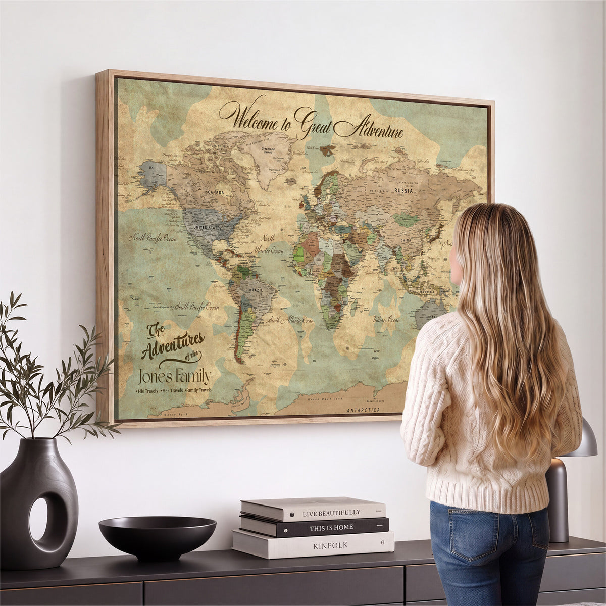 38092909-MGV-CV-36X24 - Personalized Framed Navy Vintage Push Pin World Map Wall Art, Places Visited Tracker, Bedroom and Hallway Decor