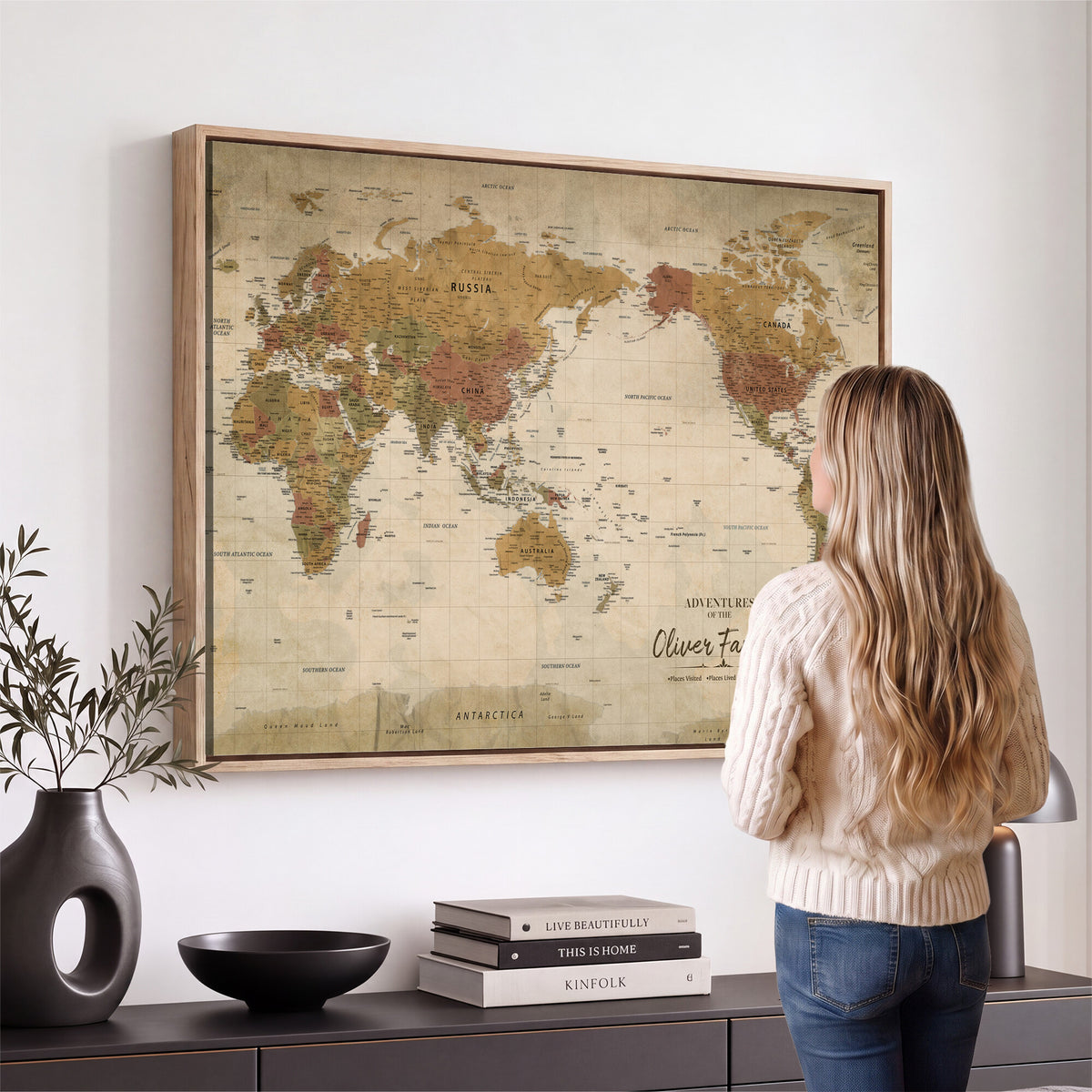 19347393-MGV-CV-36X24 - Personalized Framed Navy Modern World Map Canvas with Push Pins, Bucket List Map, Living Room and Entryway Decor