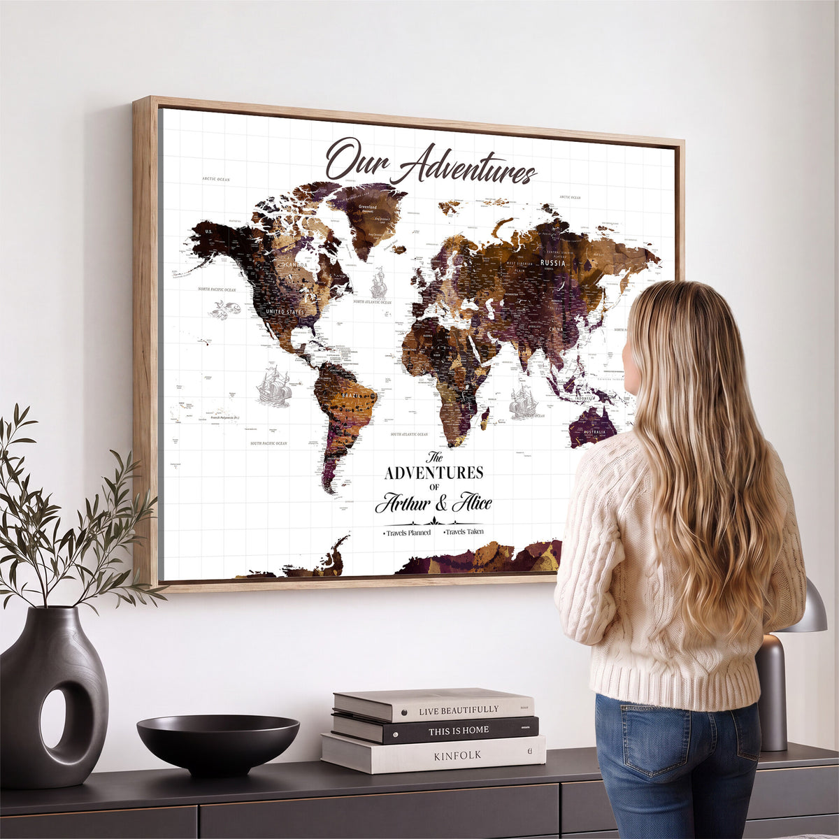 95729279-MGV-CV-36X24 - Personalized Framed Beige Vintage Push Pin Travel Map Canvas Print, Next Trip Planner Map, Home Office and Entryway Decor