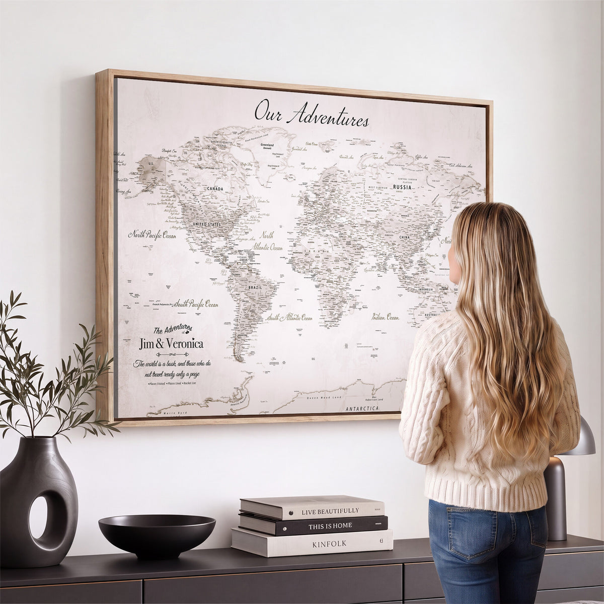 62392749-MGV-CV-36X24 - Personalized Beige Vintage World Travel Map Wall Art with Pins, Honeymoon and Anniversary Gift, Entryway and Hallway Decor