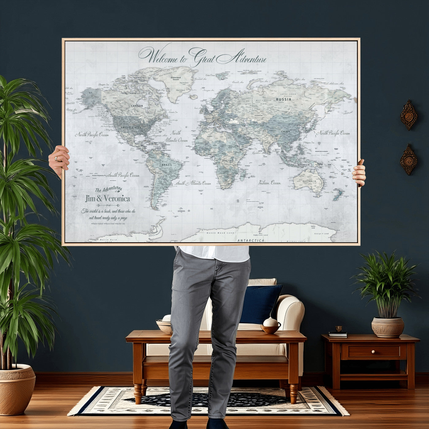 55391088-MGV-CV-36X24 - Custom Push Pin World Map Wall Art Canvas Print – Personalized Travel Tracker with Pins Framed Large for Home and Office Decor
