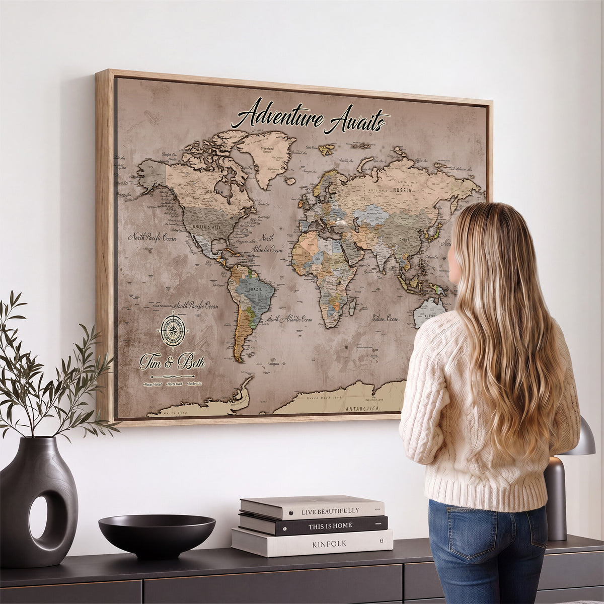 30508877-MGV-CV-36X24 - Custom Push Pin World Map Wall Art Canvas Print | Personalized Travel Tracker