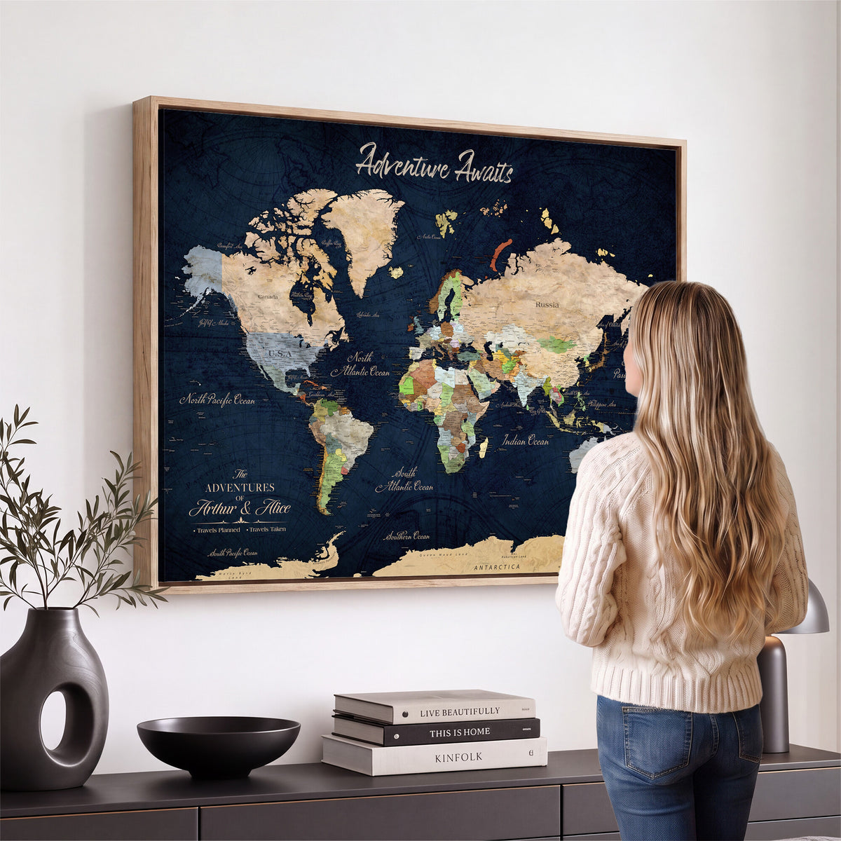 39120422-MGV-CV-36X24 - Personalized Beige Antique Push Pin Travel Map Canvas Print, Bucket List Map, Dining Room and Entryway Decor