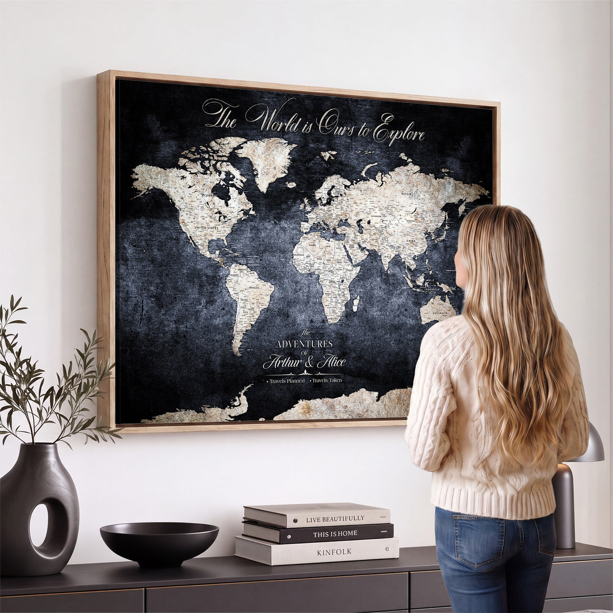 78489746-MGV-CV-36X24 - Custom Push Pin World Map Wall Art Canvas Print | Personalized Travel Tracker with Pins Framed Large for Home and Office Decor