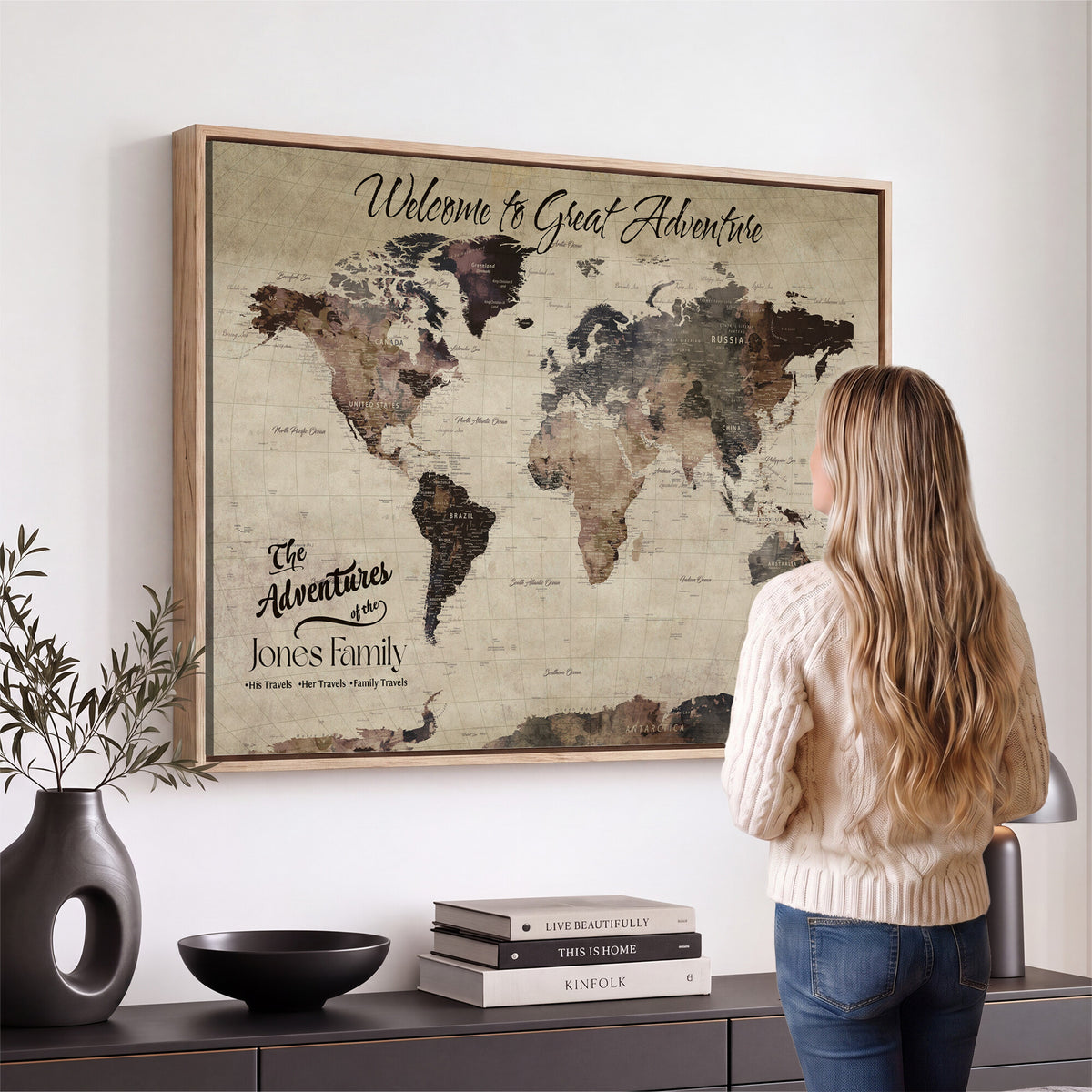 25688366-MGV-CV-36X24 - Custom Push Pin World Map Wall Art Canvas Print | Personalized Travel Tracker with Pins Framed Large for Home and Office Decor