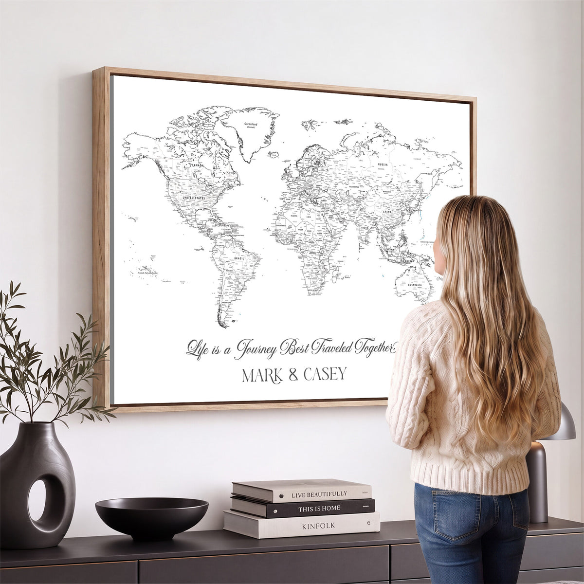 57820424-MGV-CV-36X24 - Custom Push Pin World Map Wall Art Canvas Print – Personalized Travel Tracker with Pins Framed Large for Home and Office Decor