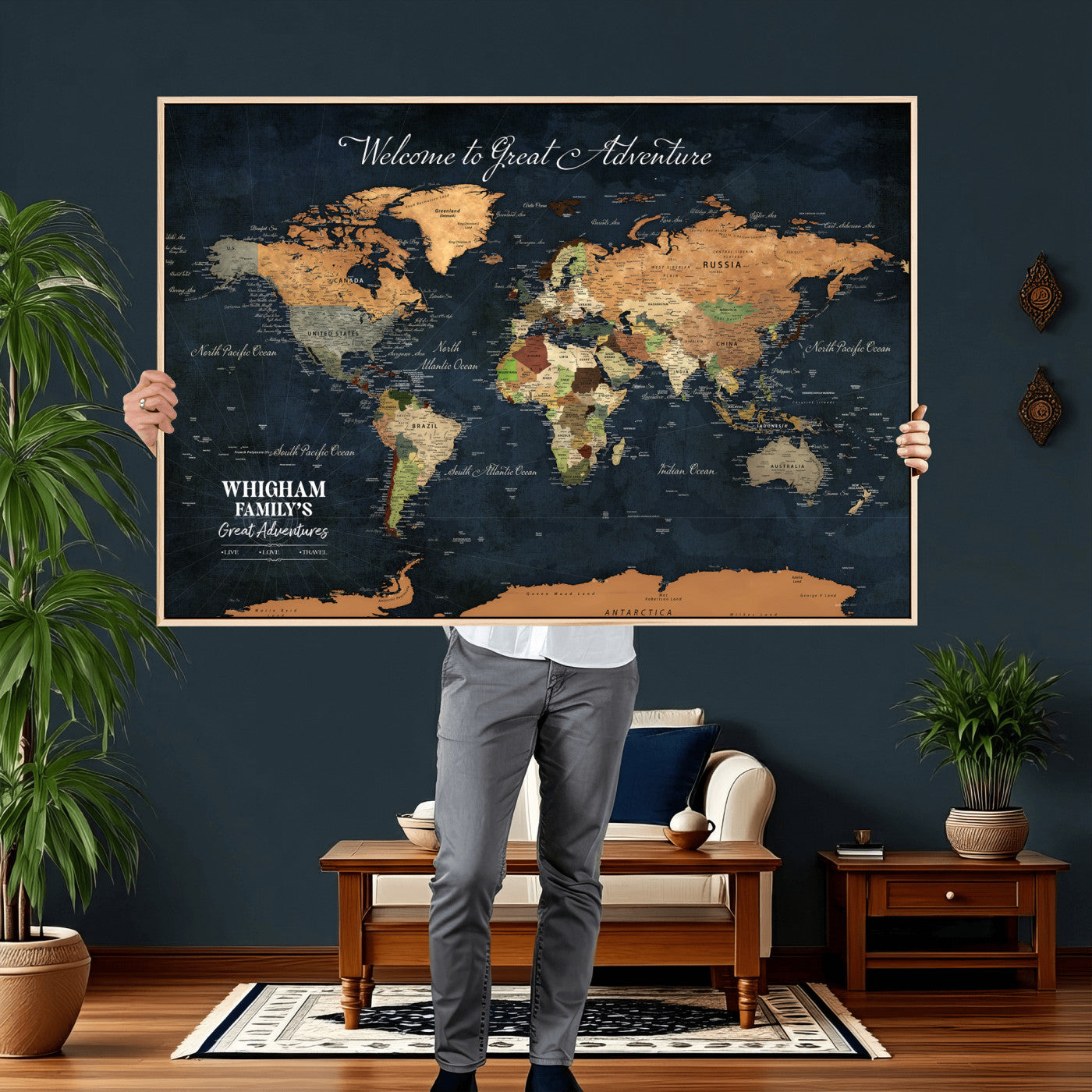 66788995-MGV-CV-36X24 - Custom Push Pin World Map Wall Art Canvas Print – Personalized Travel Tracker with Pins Framed Large for Home and Office Decor