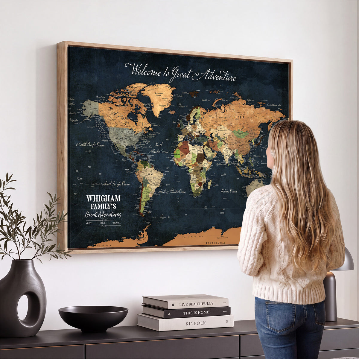 66788995-MGV-CV-36X24 - Custom Push Pin World Map Wall Art Canvas Print | Personalized Travel Tracker with Pins Framed Large for Home and Office Decor