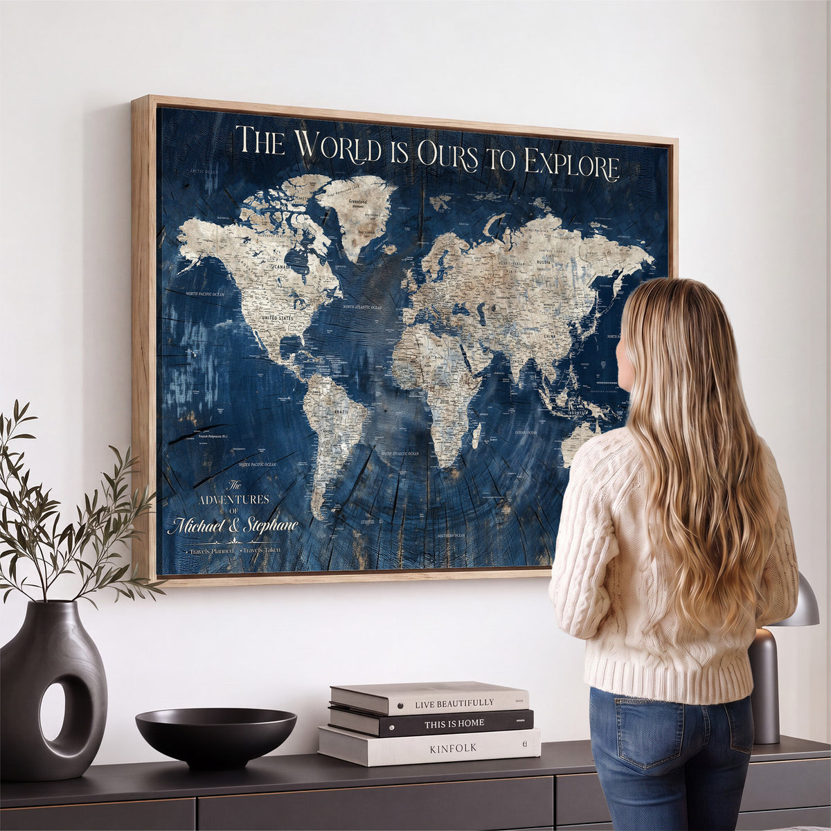 76965912-MGV-CV-36X24 - Custom Push Pin World Map Wall Art Canvas Print – Personalized Travel Tracker with Pins Framed Large for Home and Office Decor