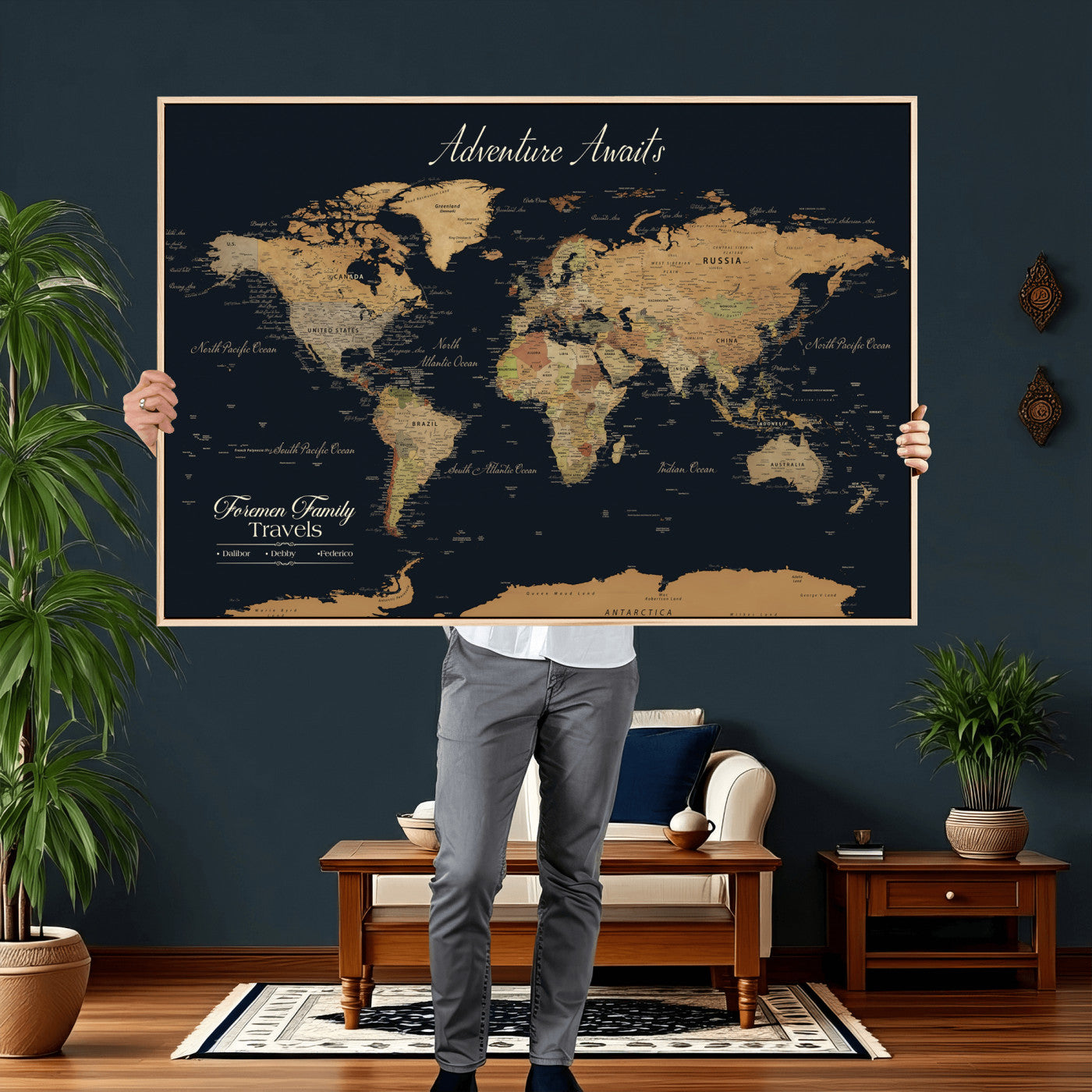 31781393-MGV-CV-36X24 - Custom Push Pin World Map Wall Art Canvas Print – Personalized Travel Tracker with Pins Framed Large for Home Decor