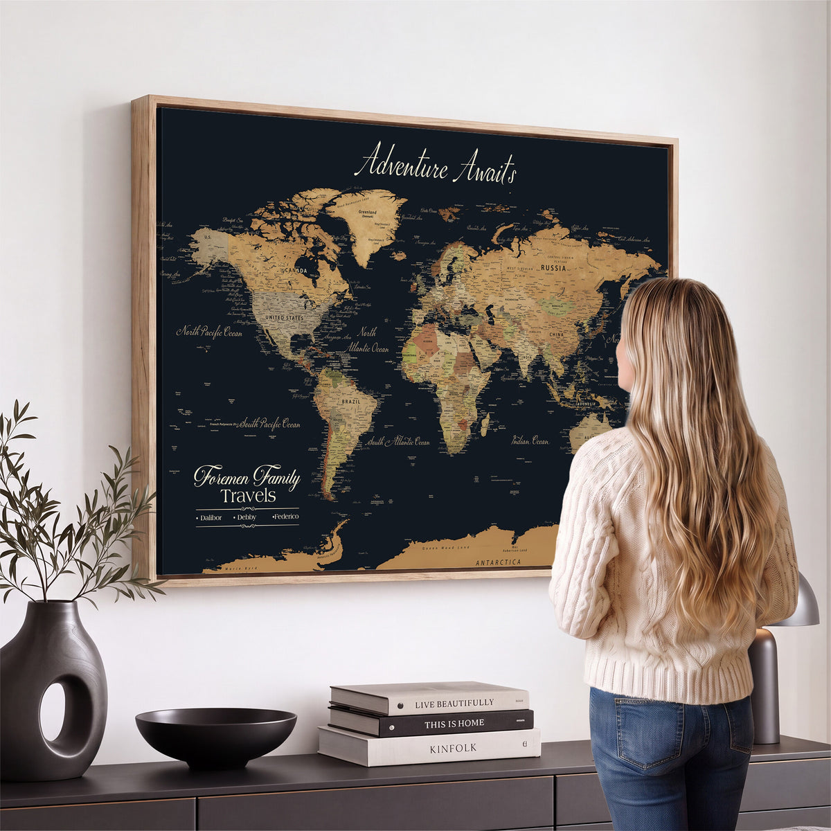 31781393-MGV-CV-36X24 - Custom Push Pin World Map Wall Art Canvas Print | Personalized Travel Tracker with Pins Framed Large for Home Decor