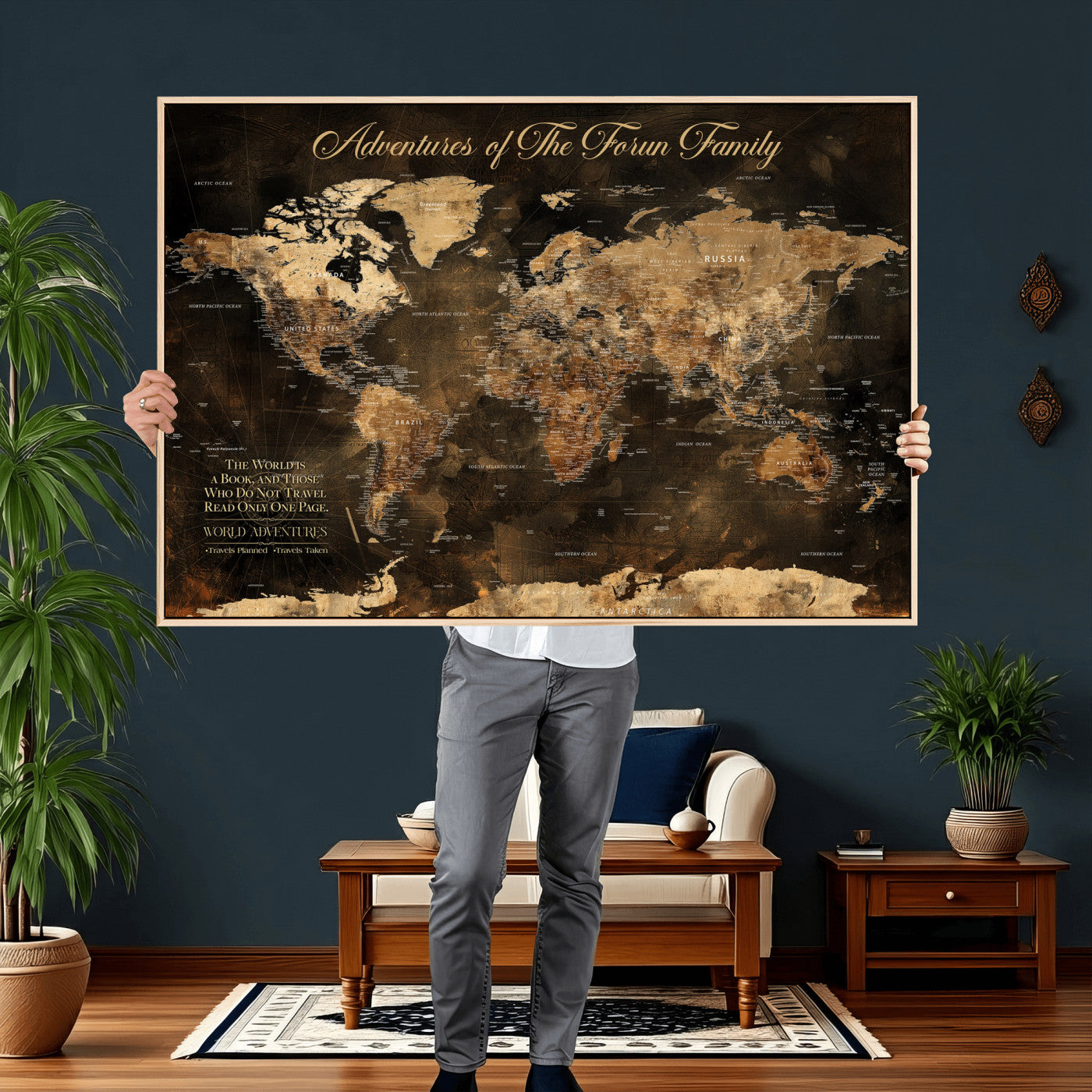 20594960-MGV-CV-36X24 - Custom Push Pin World Map Wall Art Canvas Print – Personalized Travel Tracker with Pins Framed Large for Home and Office Decor