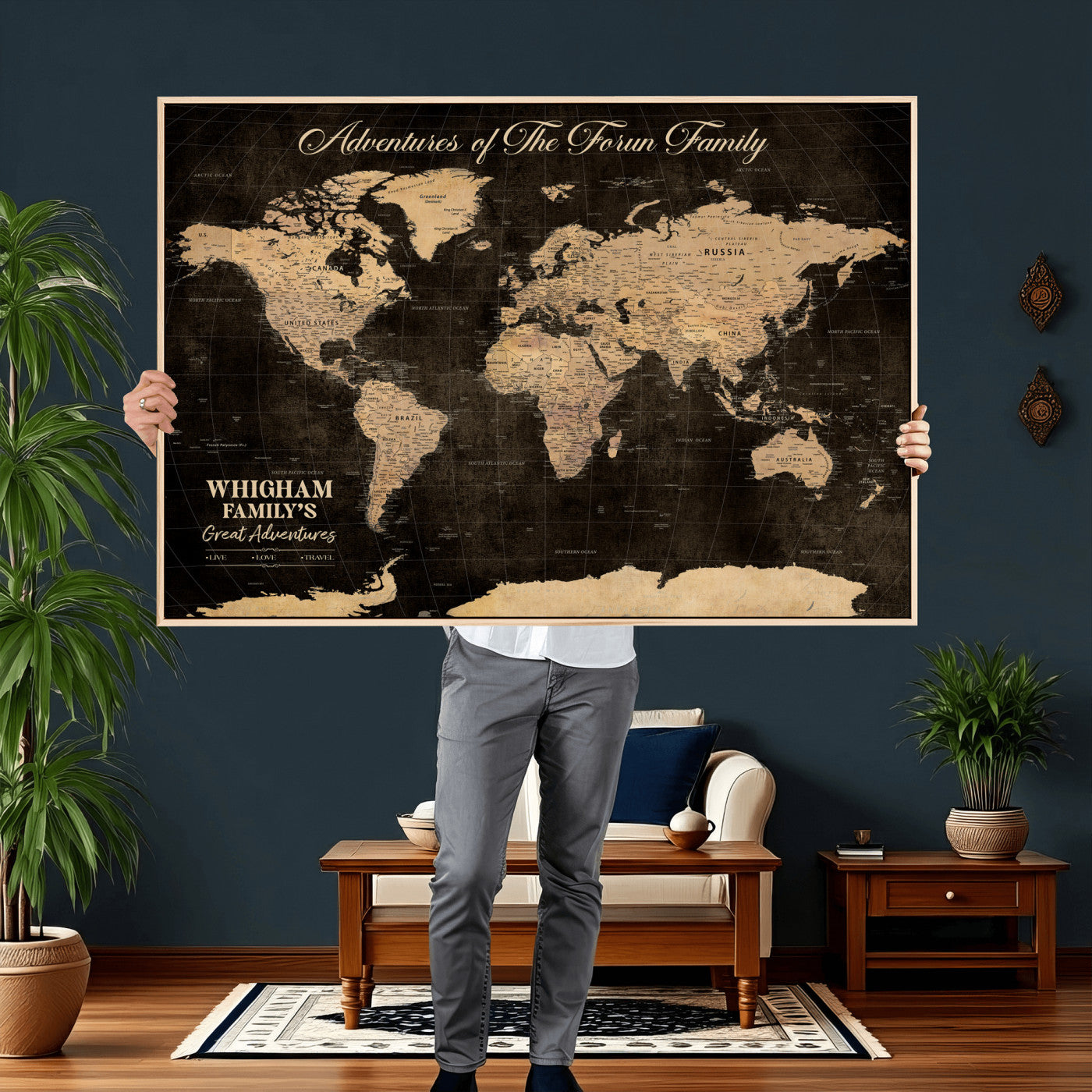 69635819-MGV-CV-36X24 - Custom Push Pin World Map Wall Art Canvas Print – Personalized Travel Tracker with Pins Framed Large for Home and Office Decor